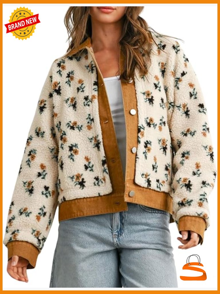 Floral Sherpa Jacket With Denim Collar Fleece Oversized Button Front Pockets